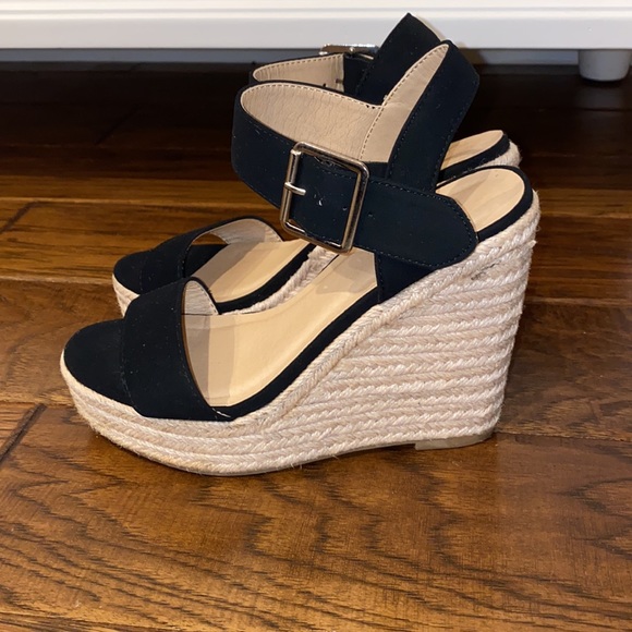 Shoes - Black Espadrille Ankle Strap Wedge